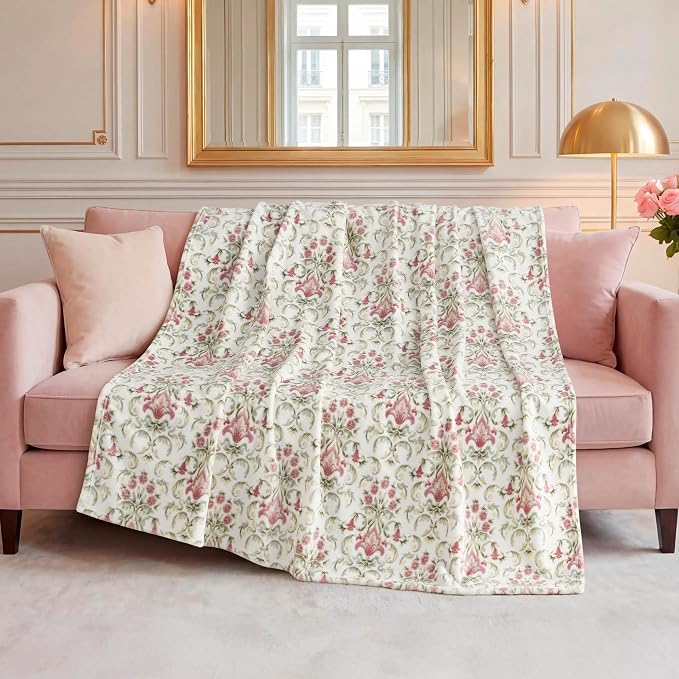 Oversized Plush Throw Blanket 60" x 70", Watercolor Damask Floral Green