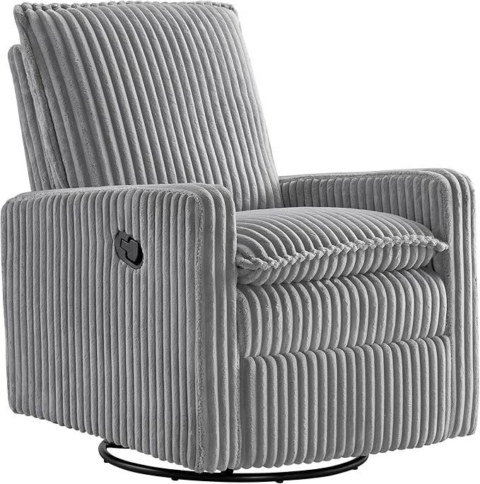 Oxford Baby Uptown Upholstered Glider Recliner Rocking Chair 360° Swivel for Nursery and Living Room - Corduroy Ash Gray, Green Guard Gold Certified