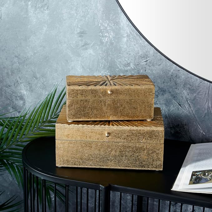 CosmoLiving by Cosmopolitan Wood Geometric Decorative Box Decorative Keepsake Boxes with Hinged Lid, Set of 2 Storage Boxes 10", 8"W, Gold