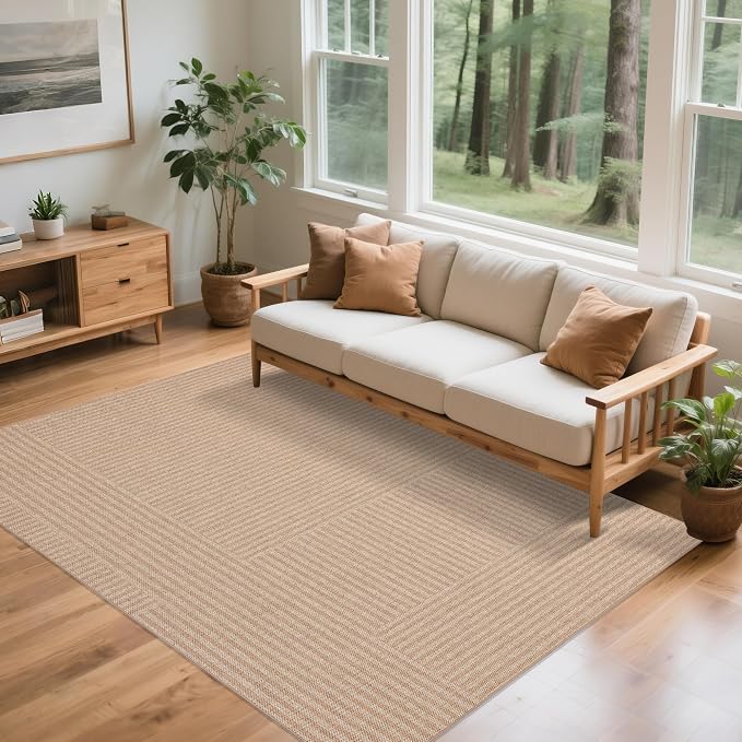 Easy Jute Rug for Pet Homes: 8x10 Outdoor Rug - Beige Stripes | Washable Design Cuts Your Cleaning Time by 75% and Maintain Shape and Texture after 50 Washes