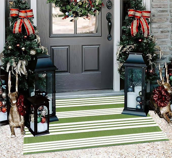 Green and White Striped Outdoor Rug 24'' x 35'' Door Mat Outdoor Machine Washable Welcome Mats Cotton Hand-Woven Entryway Rug for Front Porch/Entryway/Laundry/Bathroom/Bedroom