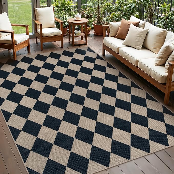 Rugalia Easy Jute 5x7 Outdoor Patio Rug, Washable Black Checkered Rugs for Living Room, Non-Slip Farmhouse Diamond Outdoor Mat Neutral Abstract Floor Carpet for Patio Dining Room Backyard