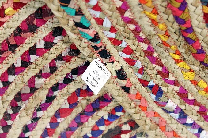 COTTON CRAFT Jute Chindi Braid Rag Rug - Boho Farmhouse Rustic Area Accent Throw Rug - Handwoven Reversible Natural Recycled Cotton - Living Room Den Study Home Décor Gift - 8 Feet Round - Multi Color