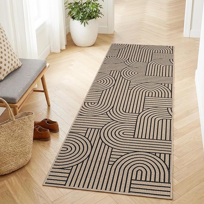 COZYLOOM Easy Jute Rugs for Entryway 2x6 Kitchen Runner Rug Non Slip, Modern Striped Washable Rug Stain Resistant Farmhouse Carpet Non Shedding Foldable Abstract Mats for Bedroom, Patio, Natural Color