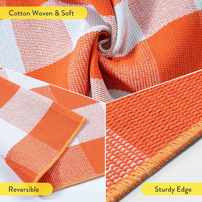 Uphome Bufflo Plaid Outdoor Rug 2'x4.3', Fall Decor Checkered Front Door Mat, Indoor Outdoor Farmhouse Porch Rug for Layered Door Mats, Washable Halloween White/Orange Runner for Patio Entryway