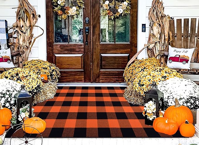 Orange and Black Outdoor Rug 3x5ft,Halloween Front Porch Mat Farmhouse Cotton Washable Layering Rug Checkered Area Rug for Porch,Entryway,Indoor,Outdoor,Halloween,Fall