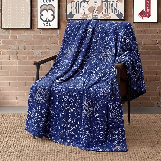 Lucky Brand 50" x 70" Plush Throw Blanket, Bandanny Navy Blue Blanket for Sofa or Bed