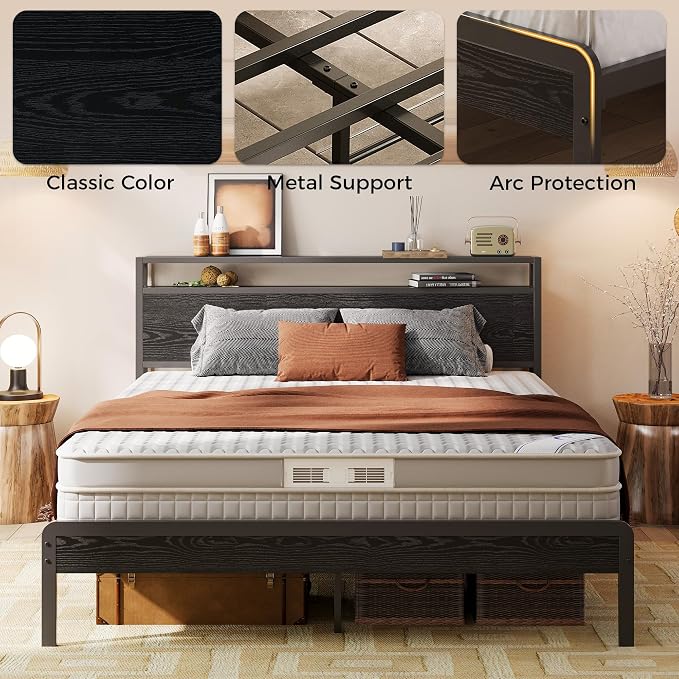 LIKIMIO Queen Bed Frame with 2-Tier Storage Shelf Headboard | Dark Wood Platform Bed, Camas Queen with Strong Metal Supports, Sturdy, Noise-Free, No Box Spring Needed, Black