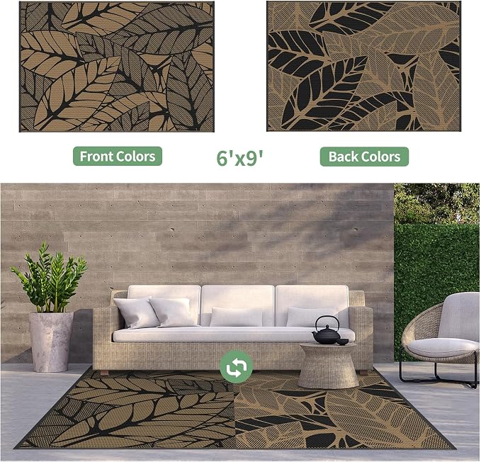 GENIMO Outdoor Rug, Waterproof Plastic Rugs for Patio, 6'x9' Onyx Brown | Outside Larger Leaf Carpet Mat for Porch Decor, Deck, Balcony, Camping, RV, Backyard, Picnic, Beach, Reversible, Foldable