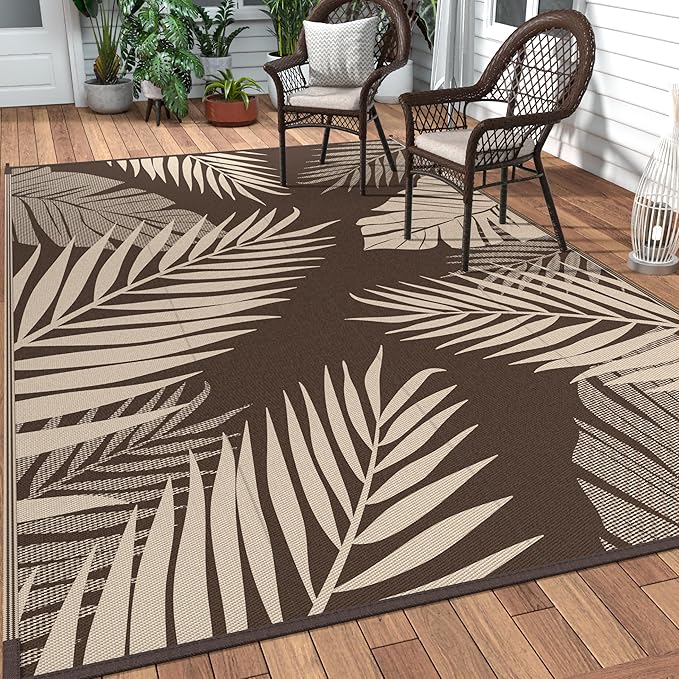 GENIMO Outdoor Rug, Waterproof Plastic Rugs 9'x18' for Camping Coffee Beige | Outside Larger Leaf Carpet Mat for Patio Decor, RV, Porch, Camper, Deck, Picnic, Beach, Backyard, Reversible, Foldable