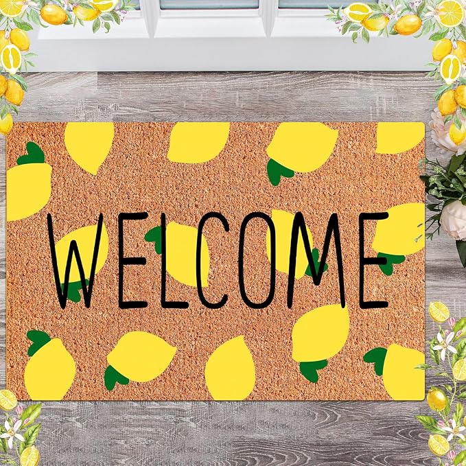 Ceenna Summer Lemon Coir Doormat Outdoor Summer Welcome Rug with Non Slip Backing Lemon Front Door Mat Front Porch Rugs for Farmhouse Home Entrance Anniversary, 16 x 28inches