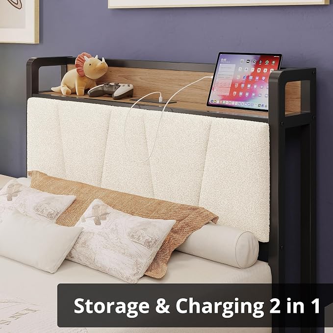 LIKIMIO Twin Bed Frames, Storage Headboard with Charging Station, Solid and Stable, Noise Free, No Box Spring Needed, Easy Assembly, Wood and Cream