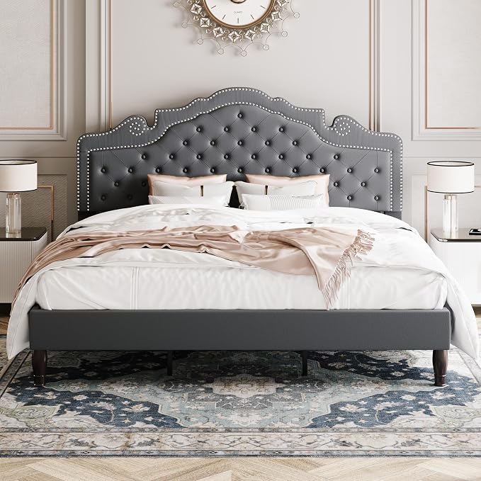 Allewie King Size Bed Frame with Adjustable Velvet Tiara Headboard, Upholstered Diamond Button Tufted Platform Bed, Wood Slats Support, No Box Spring Needed, Light Grey