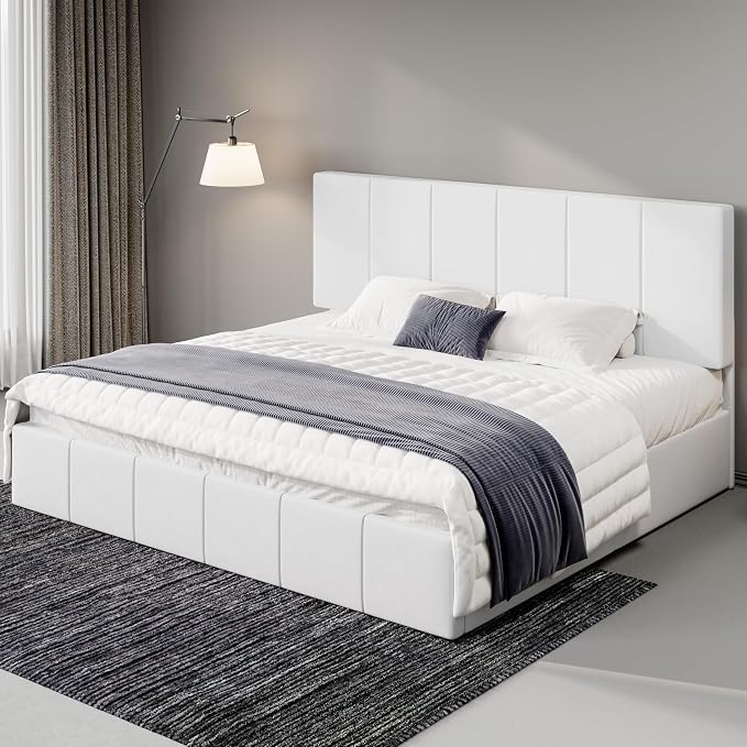 Allewie King Size Dutch Velvet Upholstered Platform Bed Frame/Vertical Channel Tufted Adjustable Headboard/Low Profile Bed Frame/No Box Spring Needed/Easy Assembly/White