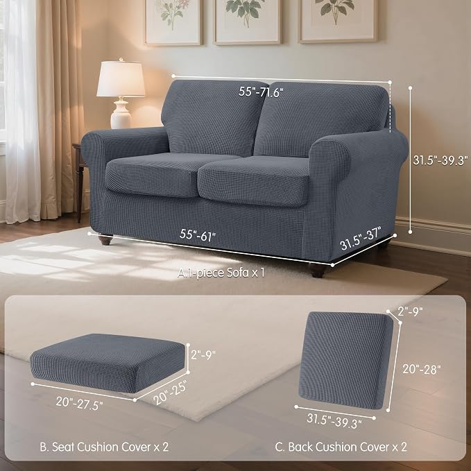 SUBRTEX 5 Piece Stretch Loveseat Slipcover,Couch Cover for 2 Cushion Washable Sofa Cover with Individual Backrest Cushion Covers for Living Room(Medium,Gray)