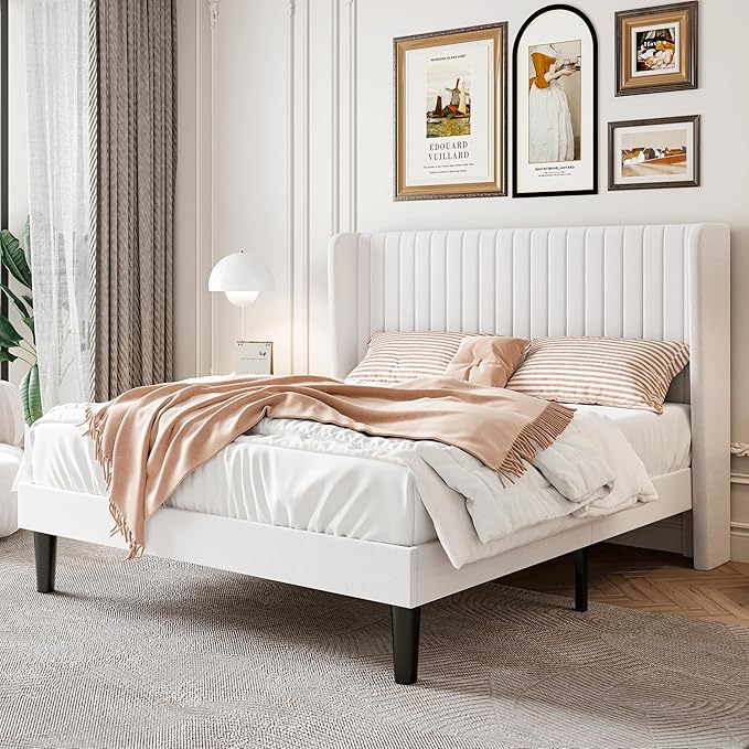 SHA CERLIN Full Size Velvet Bed Frame, Tufted Wingback Headboard, White | 47'' Modern Vertical Channel Headboard, Upholstered Platform Bed, Wood Slats, No Box Spring Needed, Easy Assembly, Noise Free