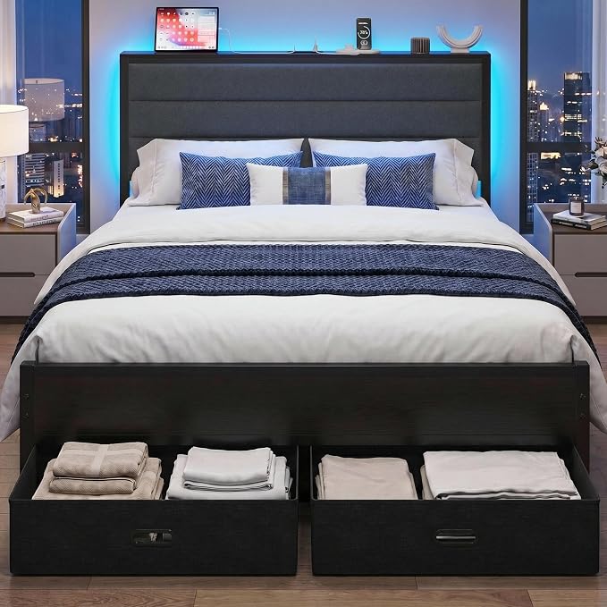 LIKIMIO Queen Size Bed Frame with 2 Storage Drawers, Upholstered Headboard | Queen Platform Bed Frame with Charging Station & LED Lights, Modern Style, Noise Free, No Box Spring Needed, Black and Grey