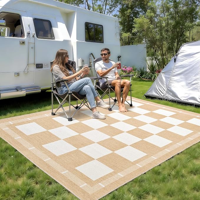 Vasofe Checkered Jute Outdoor Rug, 6x9 ft Rugs for Living Room Dining Room | Large Indoor Outdoor Farmhouse Carpet, Checkerboard Patio Office Mat Geometric Non Slip Carpet for Backyard, Khaki and White