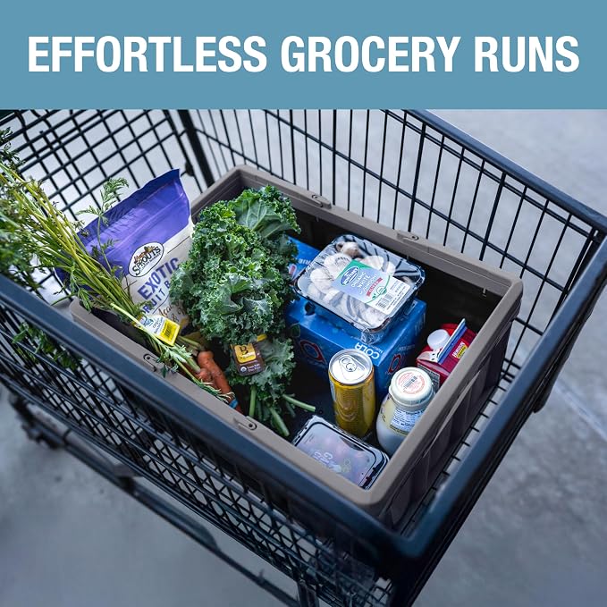 CleverMade Collapsible Shopping Basket, 32L, 3 Pack, Stone | Rigid walls support up to 35 lb, while top and side handles balance heavier grocery, laundry, or gear loads.