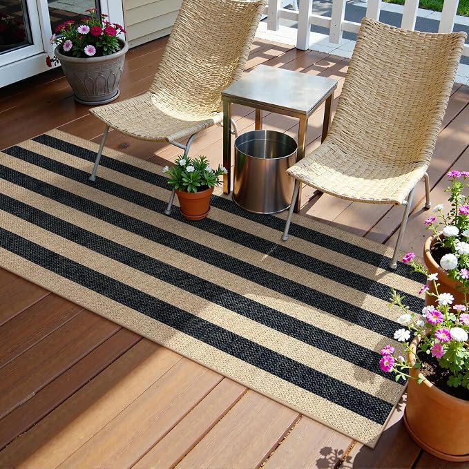 Lahome Striped Easy Jute Outdoor Runner Rug, 2x6 Kitchen Rugs Washable | Black 6ft Non Slip Indoor Carpe for Hallway, Farmhouse Non Shedding Floor Mat for Bedroom Entryway Front Porch Laundry Room