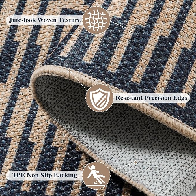 LIVEBOX Jute Look Area Rug 3x5 Indoor Front Door Mat, Washable Outdoor Porch Rugs Non Slip, Boho Geometric Striped Diamond Accent Rug for Entryway (Dark Blue Stripe)