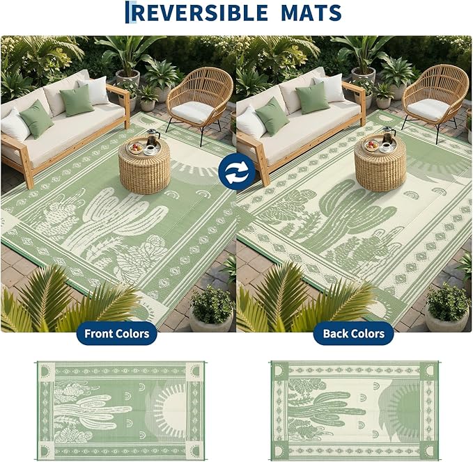 Garvee Waterproof Outdoor Rug 5x8, Cactus Botanical Outdoor Plastic Straw Rug for Camping, Reversible RV Mat Outside, Indoor Outdoor Carpet for Porch, Deck, Backyard, Balcony, Picnic, Sage Green