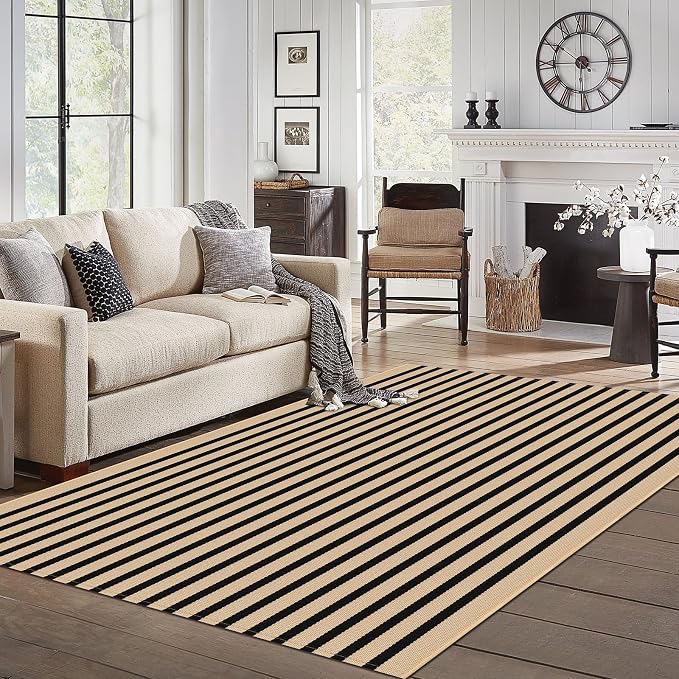 IOHOUZE Striped Area Rug 5'x7' Indoor Outdoor Rug, Washable Area Rug for Living Room, Large Patio Rug, Cotton Striped Rugs for Patio Living Room Bedroom, Tan/Black