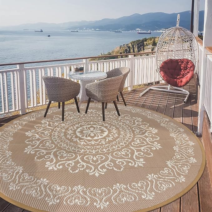 Pauwer Outdoor Rug 8ft, Waterproof Plastic Straw Camping Rug, Floral Brown | Reversible Patio Rug, UV Resistant Indoor Outdoor RV Mat Carpet For Deck, Camper, Porch, Balcony, Backyard, Picnic, Foldable