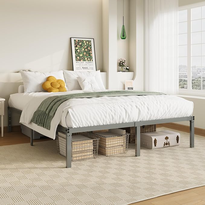 Allewie Full Size Bed Frame, 14 inch Metal Beds with Storage Space, Grey | Heavy-Duty Metal Platform Beds, Large Under-Bed Storage Space, No Box Spring Needed, Easy Assembly