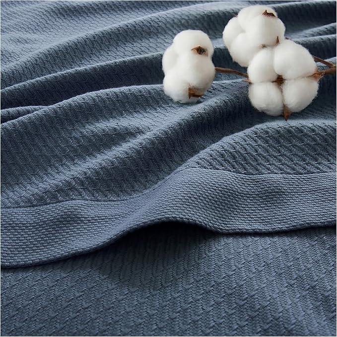 Madison Park 100% Egyptian Cotton Twin Size Bed Blanket for Summer Blue | Cozy Soft Breathable Durable, Waffle Weave Woven Casual, Lightweight Knit All Season Throw for Bed Couch or Sofa, OEKO TEX