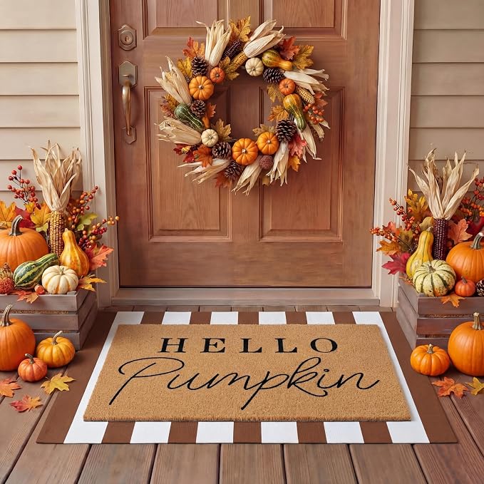 Tinideya 2 Pcs Fall Layered Doormats, Hello Pumpkin Welcome Mats | Front Porch Entryway Decor, Layering Doormats Seasonal, Non Slip