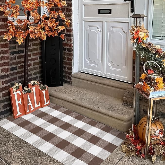 KIMODE Fall Decor Front Door Mat Buffalo Plaid Outdoor Rug 24"x51" Brown and White Checkered Rug Farmhouse Fall Thanksgiving Front Porch Rug Cotton Washable Layered Doormats Autumn Mats