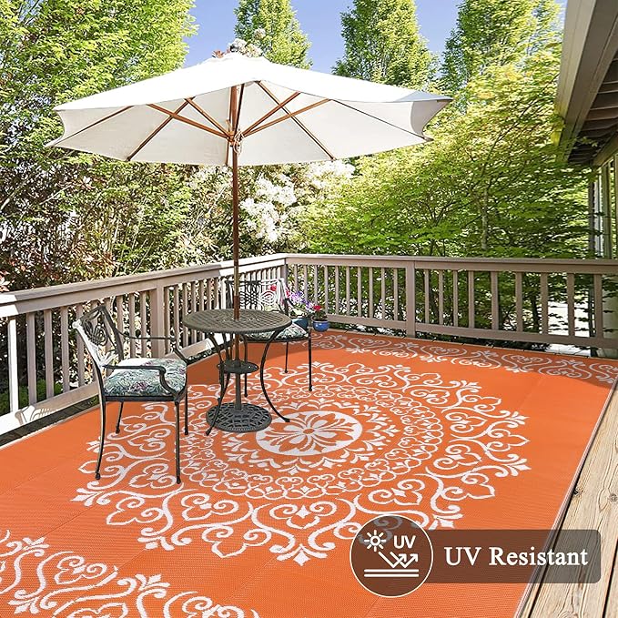 Pauwer Outdoor Rug 8x10, Waterproof Plastic Camping Rug, Floral Orange | Reversible Patio Rug, UV Resistant Indoor Outdoor RV Mat Carpet For Deck, Camper, Porch, Balcony, Backyard, Picnic, Foldable