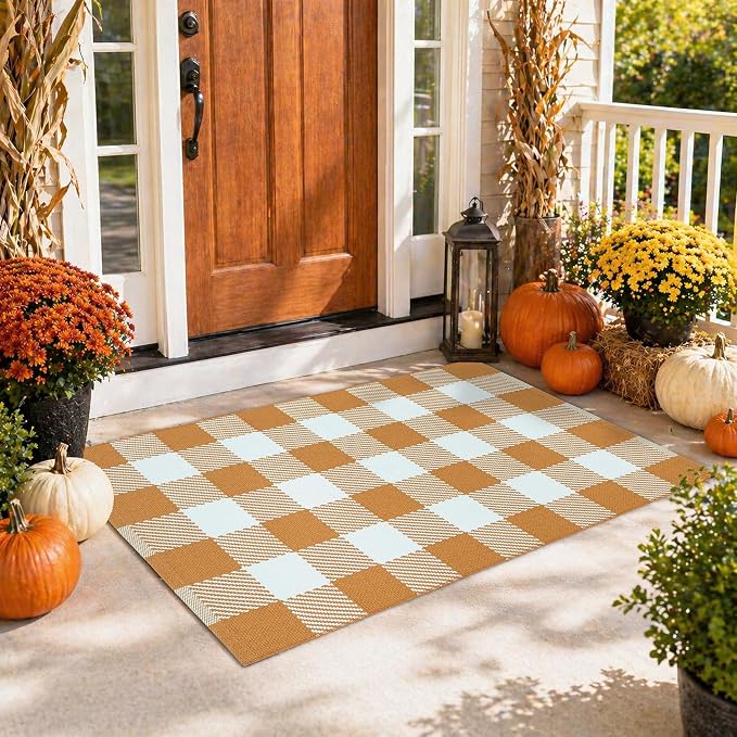 Caramel and White Buffalo Plaid Rug 4'x6', Machine Washable Layering Mat for Front Door, Entryway, Kitchen, Indoor Outdoor Low Profile Cotton Woven Check Rug