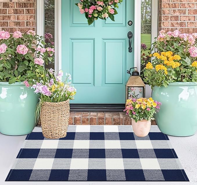 Blue and White Front Door Mat 24''X35'' Buffalo Plaid Checked Front Porch Rug Cotton Woven Washable Rug Layering Doormat for Welcome Door Mat Entryway Dining Room Bedroom Living Room