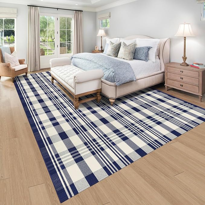 Buffalo Plaid Rug 8x10 Cotton Buffalo Check Rug Navy and Off White Woven Retro Checkered Outdoor Carpets Washable Indoor Outdoor Area Rug for Living Room Bedroom Farmhouse Patio