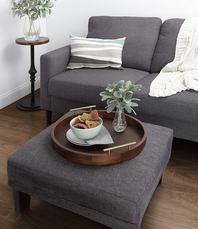 Kate and Laurel Lipton Modern Round Tray, 18", Dark Walnut and Gold, Decorative Accent Tray for Storage and Display