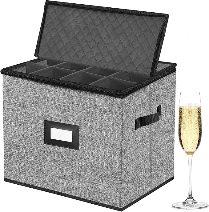 Quilted Champagne Flute Storage Box, China Storage Containers | Stemware Storage Box Hard Shell,Stackable Champagne Glass Container, Crystal Glassware, Drinkware Case for Moving Transport