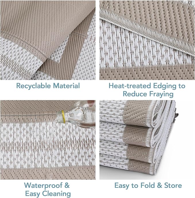 Reversible Outdoor Rug 10x14ft Waterproof Lightweight Plastic Straw Patio Carpet Easy Clean Perfect for Porch RV Deck Picnic Backyard Camping Gray/White
