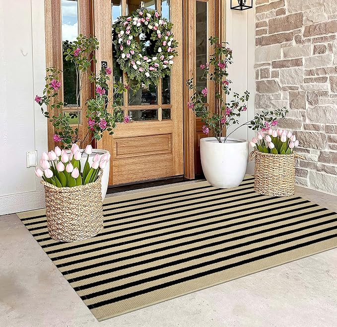 BUAGETUP Outdoor Rug 3'x 5',Black and Khaki Striped Porch Rug Cotton Woven Washable Rug Indoor/Outdoor Area Rug Floor Mat for Farmhouse Living Room Bedroom