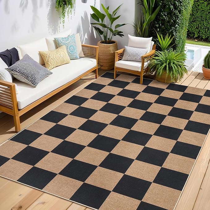 GarveeHome 9x12 Checkered Easy Jute Rugs for Bedroom Machine Washable Large Rugs Non-Slip Backing Modern Neutral Stain Resistance Carpets for Farmhouse Patio Dining Room Backyard Black Tan