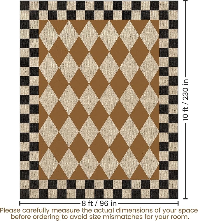 Washable Checkered Easy Jute Rug 8x10, Brown Black Checkerboard Geometric Modern Outdoor Indoor Patio Large Rug, Woven Thin Carpet Mat for Living Dining Play Room Bedroom Classroom Backyard