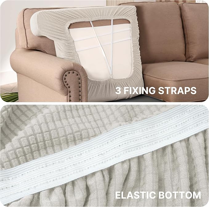H.VERSAILTEX Stretch 3 Piece T Cushion Sofa Slipcovers Individually Sofa Cushion Covers for 3 Cushion Couch Sofa Seat Cushion Covers with Elastic Bands Featuring Thicker Jacquard Fabric, Ivory