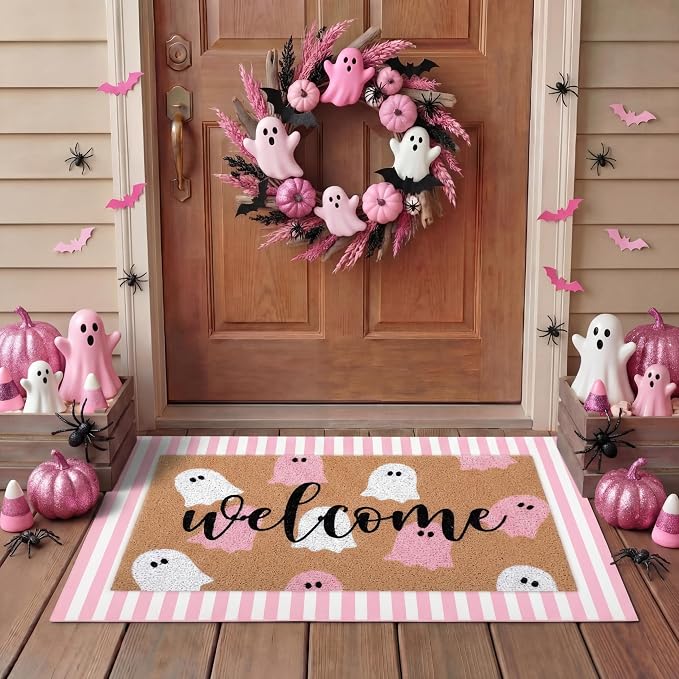 Tinideya 2 Pcs Pink Halloween Welcome Mats for Front Door, Cute Ghost Coir Doormat with Pink White Striped Rug, Layered Doormat Set for Front Porch Entryway Outdoor Fall Decor