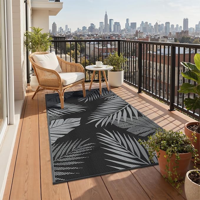 GENIMO Outdoor Rug 3'x5' Waterproof for Porch, Plastic Door Mat Black Grey | Outside Leaf Carpet for Patio Decor, Balcony, Deck, Backyard, Picnic, Camping, RV, Reversible, Foldable, Lightweight
