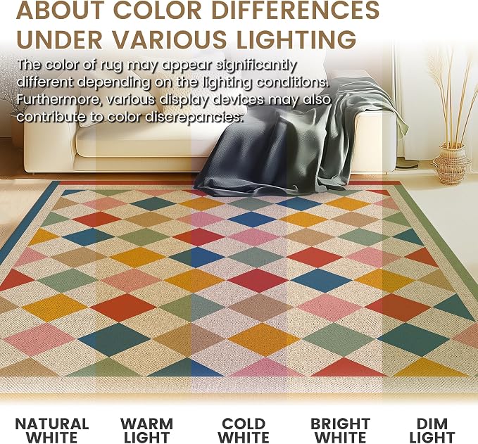 Washable Checkered Easy Jute Rug 3x5, Colorful Checkerboard Boho Geometric Outdoor Indoor Patio Small Rug, Woven Non Slip Thin Neutral Carpet Door Mat for Bedroom Entryway Front Door Farmhouse