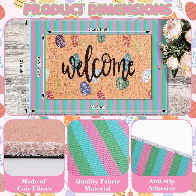 2 Pcs Easter Doormat Outdoor Entrance Colorful Eggs Welcome Door Mat Non Slip Coir Mats Floor Striped Doormat Layering Mat Seasonal for Easter Indoor Front Porch Entryway Decor 23.6 x 31.5 Inch
