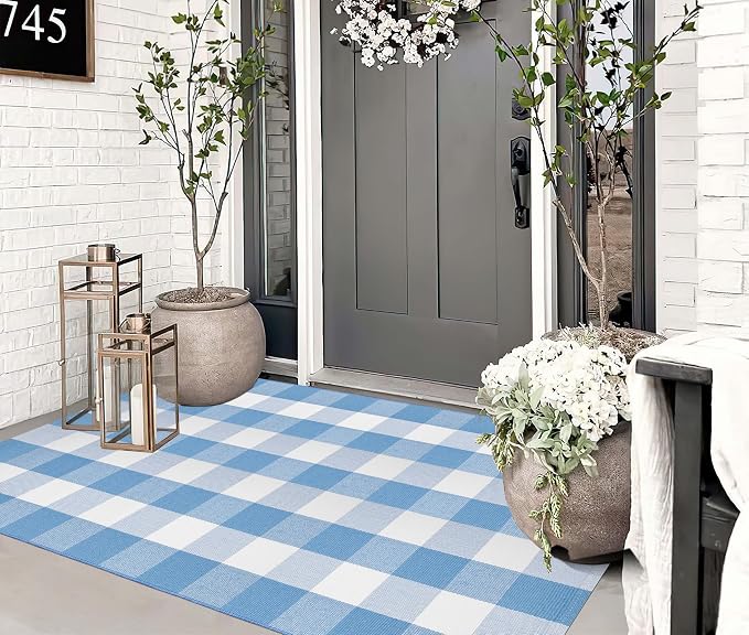 3'x5' Outdoor Rug,Light Blue and White Buffalo Checkered Porch Mat Farmhouse Washable Front Door Mat Outdoor for Hello Welcome Mat,Bedroom,Entryway,Patio