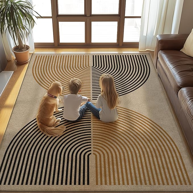 Washable Rainbow Easy Jute Rug, 5x7 Outdoor Indoor Patio Modern Geometric Contemporary Large Rugs, Low Pile Lightweight Non Slip Carpet Mat for Living Dining Room Bedroom Classroom Backyard Farmhouse