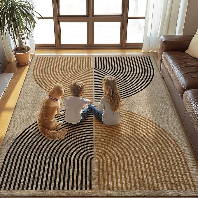 Washable Rainbow Easy Jute Rug, 3x5 Outdoor Indoor Patio Modern Geometric Contemporary Small Area Rugs, Low Pile Lightweight Non Slip Neutral Carpet Door Mat for Bedroom Entryway Front Door Farmhouse